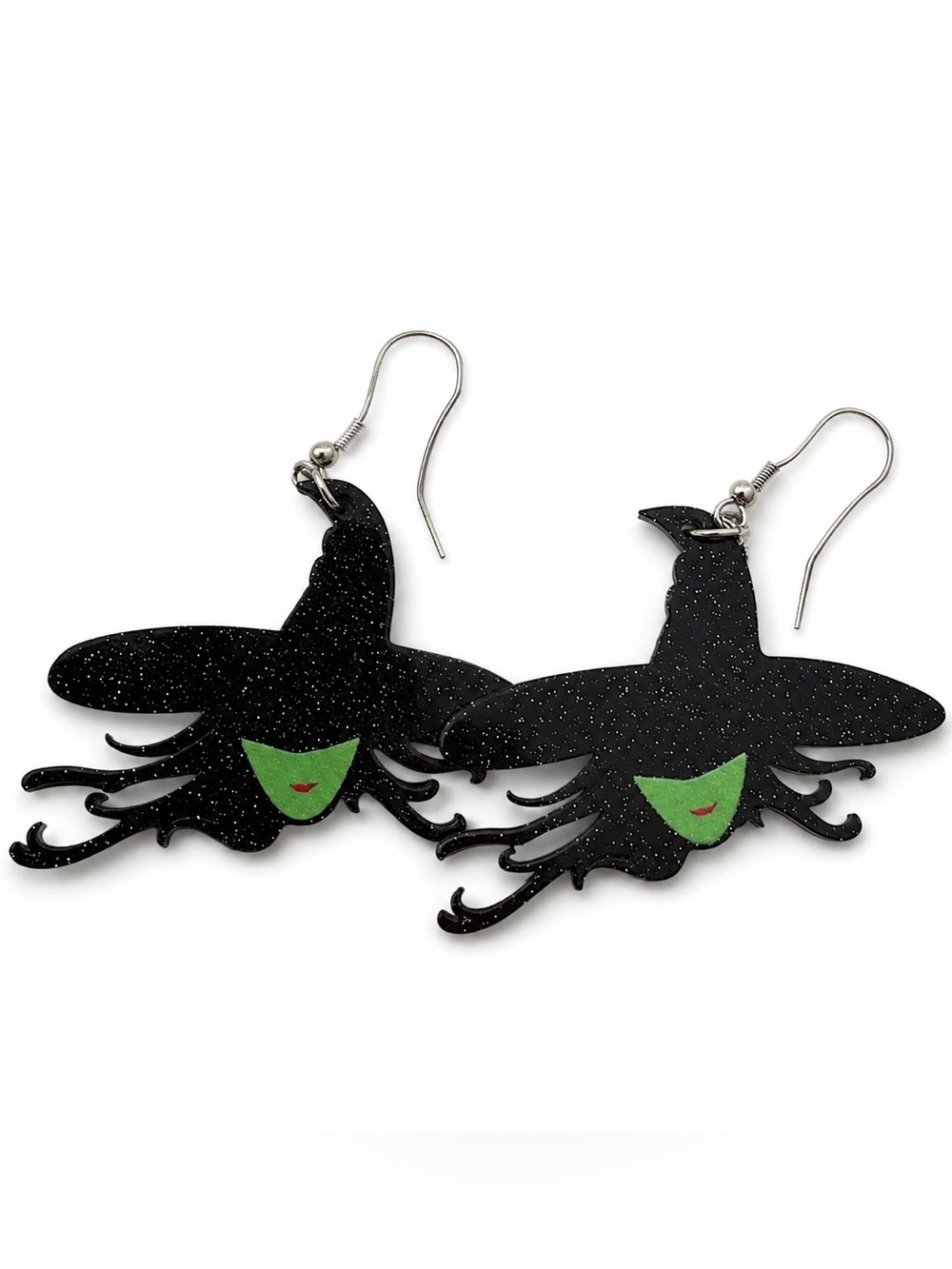 Black Glitter Witch Face Dangle Earrings with Green Accent